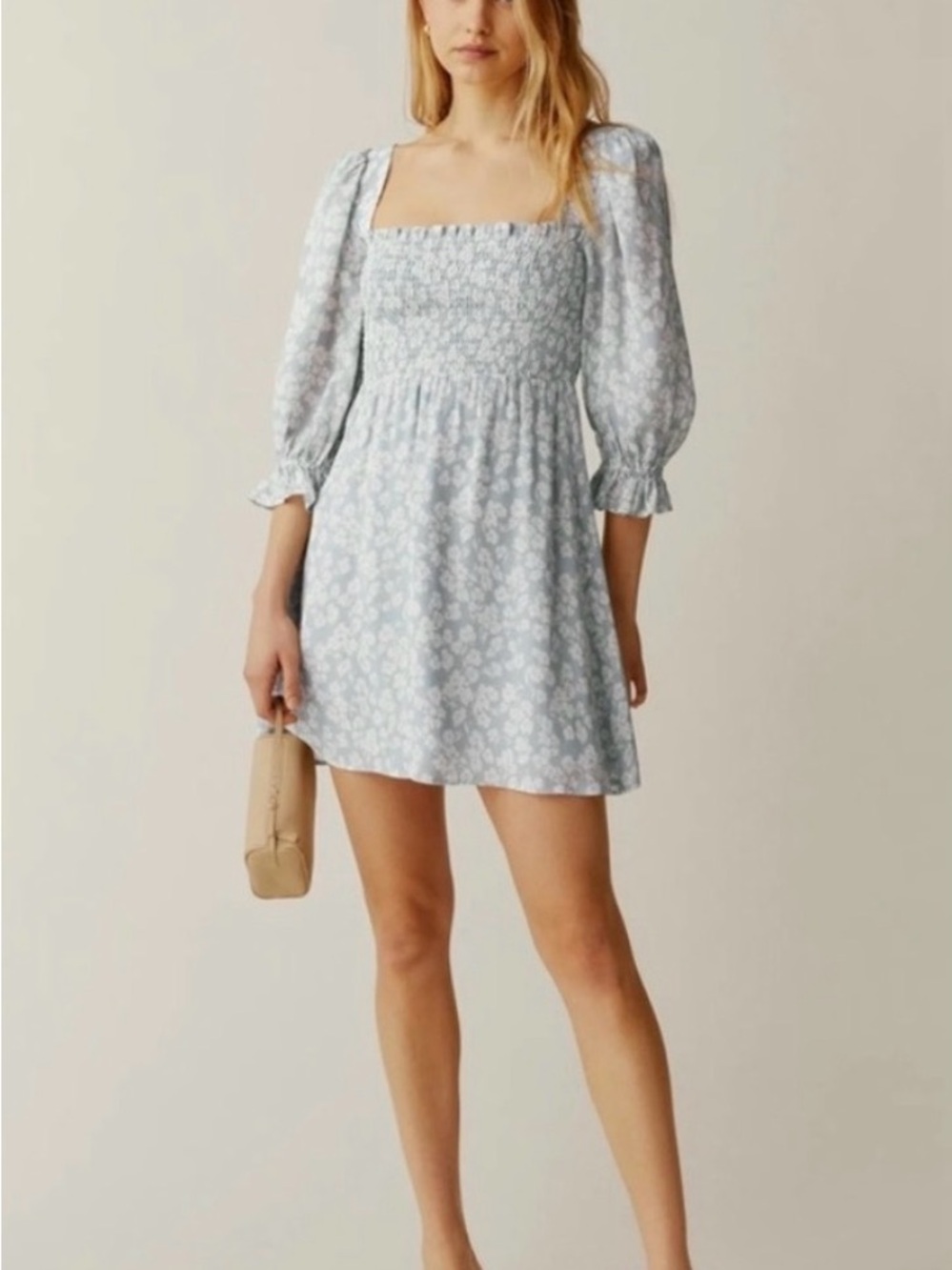 Reformation Zaria Mini Dress light blue and white floral